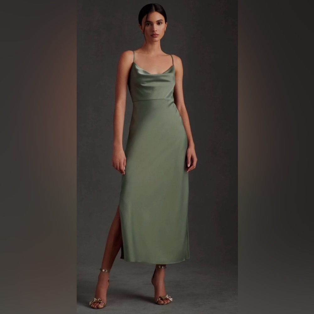 BHLDN Cali Satin Charmeuse Bridesmaid Midi Dress - Moss Green / Sage Green